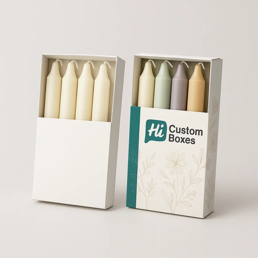Short white sleeve boxes- one showing five small taper candles- the other decorated and colourful- class=